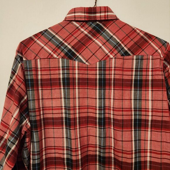 Border Town Pearl Snap Shirt Western Mens Medium Red Black Plaid Vintage - Picture 7 of 15